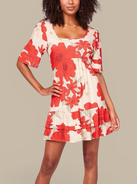 Band of Gypsies Dresses & Skirts - B.O.G Collective Floral Red/Cream Poppy Print Square Neck Ruffle Hem Mini Dress